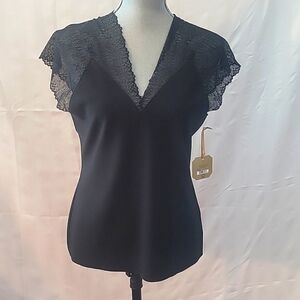 Ryegrass Womens Black V-Neck Short Sleeve Blouse, Size: L, NWT